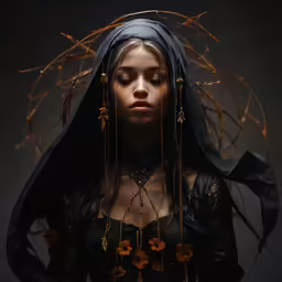 a woman with long hair and a hood on