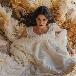 a girl laying on her back in a fluffy white dress