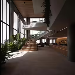 the staircase inside the modern office building has glass walls
