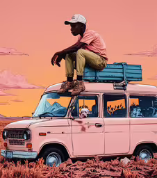 a man is sitting on top of a van,man standing on top of a van in the middle of desert
