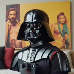 a darth vader costume is displayed on a bed