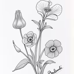the black and white illustration shows three flowers,drawing of three flowers one large and one small