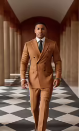 a man in a brown suit is walking through the building