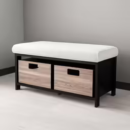 bench with three drawers in a gray room