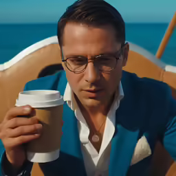 a man in glasses holding a cup of coffee