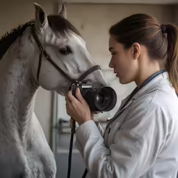 a woman holding a camera in front of a horse