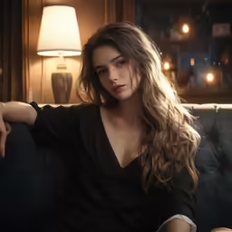 woman with long hair seated on couch in dimly lit room