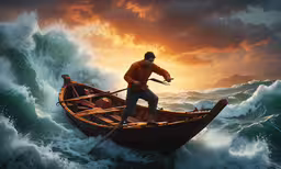 a man rowing his boat through some big waves,a man rows his boat on a large wave