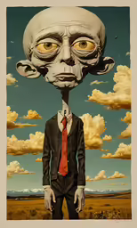 an art print of a creepy man in a suit and tie