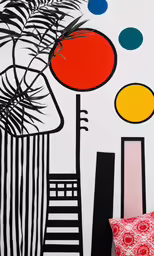a drawing of a potted plant against a wall with a mural