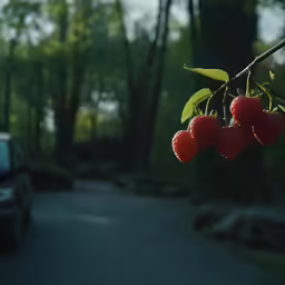 the fruit is hanging on the branch in the road