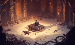 a lone person sitting at an abandoned clock tower in the snow