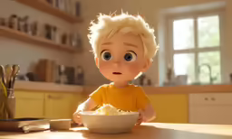a toddler sitting at a table in a bowl