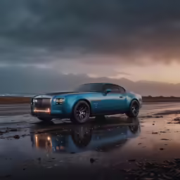 a blue sports car parked at the beach