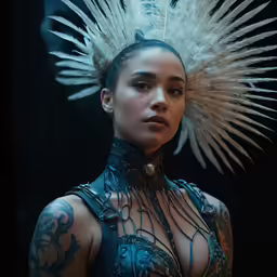 a woman in a costume with feathers on her head