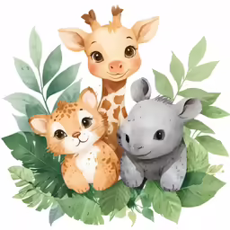 a giraffe, an elephant and an alligator sit together in front of some plants