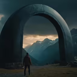 a person in the middle of a road near a mountain range
