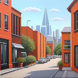 a painting of cars parked in front of buildings,this painting depicts the city streets with orange buildings and cars,a painting of a city street with a lot of cars,some very pretty buildings with a tall building behind them,the painting is on a orange building and shows a street view