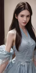 the girl wearing a blue dress is posing for the camera