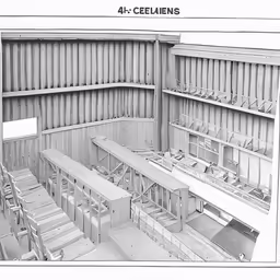 a drawing of several shelves in the middle of a room