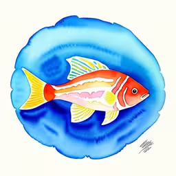 a fish is standing in the water by itself,the painting has been framed in a picture, and there is a large gold fish swimming on a blue water,a painting of a small fish in the water,the drawing of a red fish is in the water,watercolor drawing of gold fish against blue circle