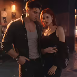 a couple standing in front of a car at night