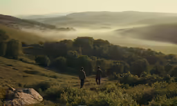 two people are walking through the wilderness on a foggy day