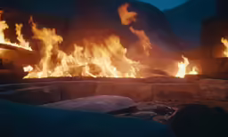 a fire burning in a fireplace next to some rocks