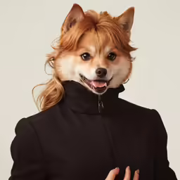 a small dog wearing a black shirt and smiling