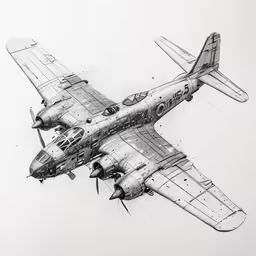 an airplane drawing on white paper with the wings down