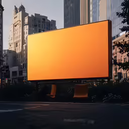 a yellow advertisement billboard on a city street
