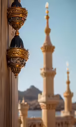 gold ornaments line a wall next to a water - lined area