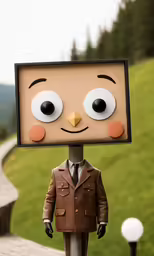 a paper doll like owl wearing a suit standing in a yard