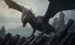 a demonic creature walking through a rocky, cloudy area