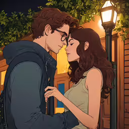 a couple is kissing under the streetlight,a drawing of a couple kissing next to a lamp post