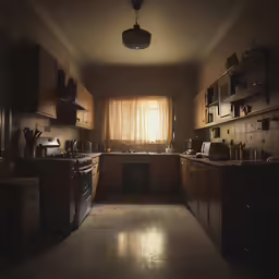 a dark kitchen has many cabinets and shelves