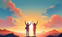 two people are raising their hands in front of a beautiful sunset