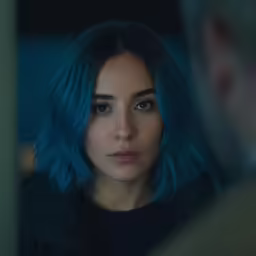 a woman with blue hair has something in her mouth