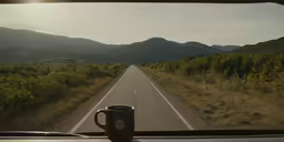 the view from inside a car looking at a mountain range