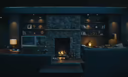 a room with furniture and lights on in it