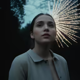 the woman is staring upward at something