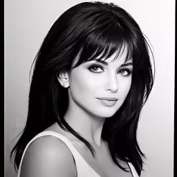 black and white photo of a beautiful woman with bangs