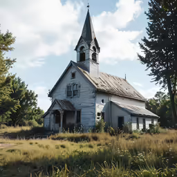 an old abandoned church with a pointy roof