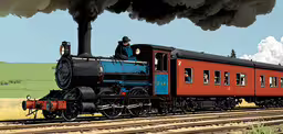 a drawing of a train engine riding down the tracks,a train is going down the tracks near a field