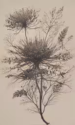 the silhouettes of flowers are shown against a light gray background,there is a tall tree that is in the fog
