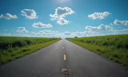 an empty highway that is in the middle of a field