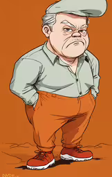 an old man standing with his head in a hat,the animated character of a man in brown pants and a blue shirt, standing on his knees