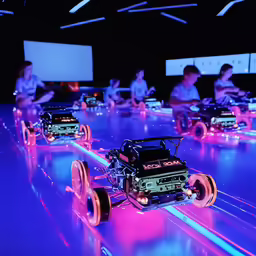 several model cars racing on a glowing floor