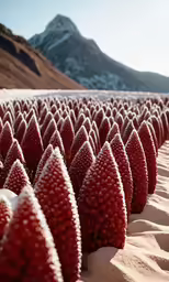a long row of strawberrys sitting on top of a sandy beach