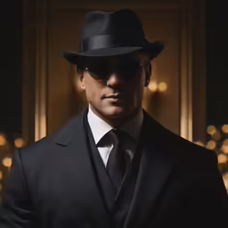 a man in black suit and black hat and sunglasses